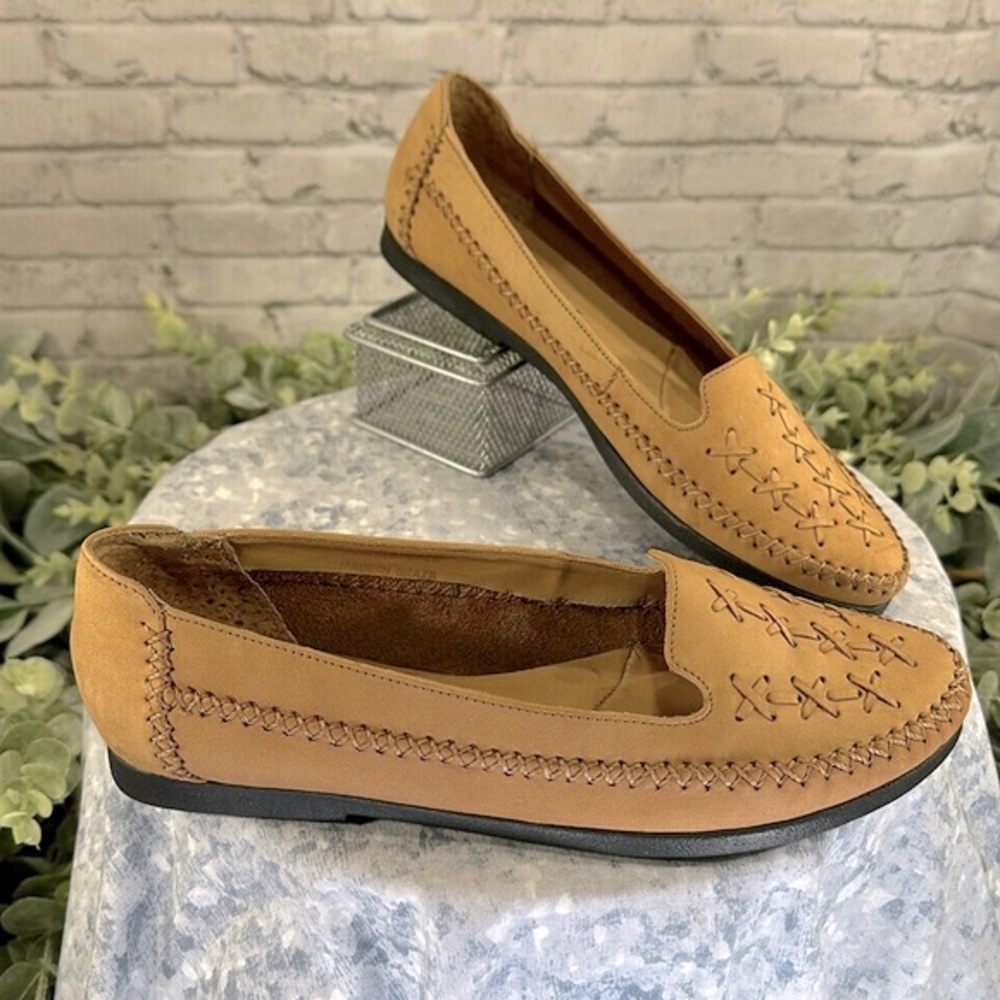 Bass Orleans Tan Leather Cross-Stitch Round Toe Casual Loafers WMS 7M💛VGUC💛